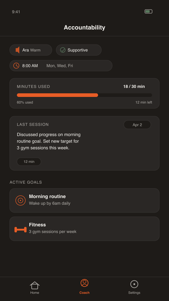 Reveille accountability coaching dashboard showing goals and session history
