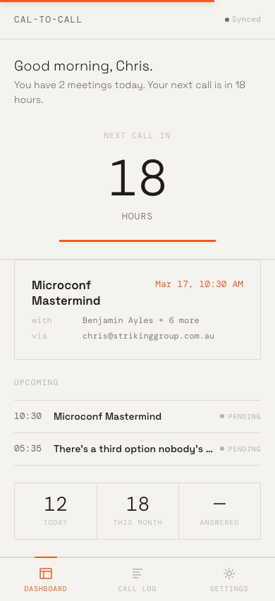 Reveille dashboard showing upcoming meeting briefing