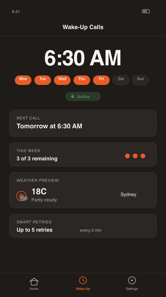 Reveille wake-up call dashboard showing schedule and weather